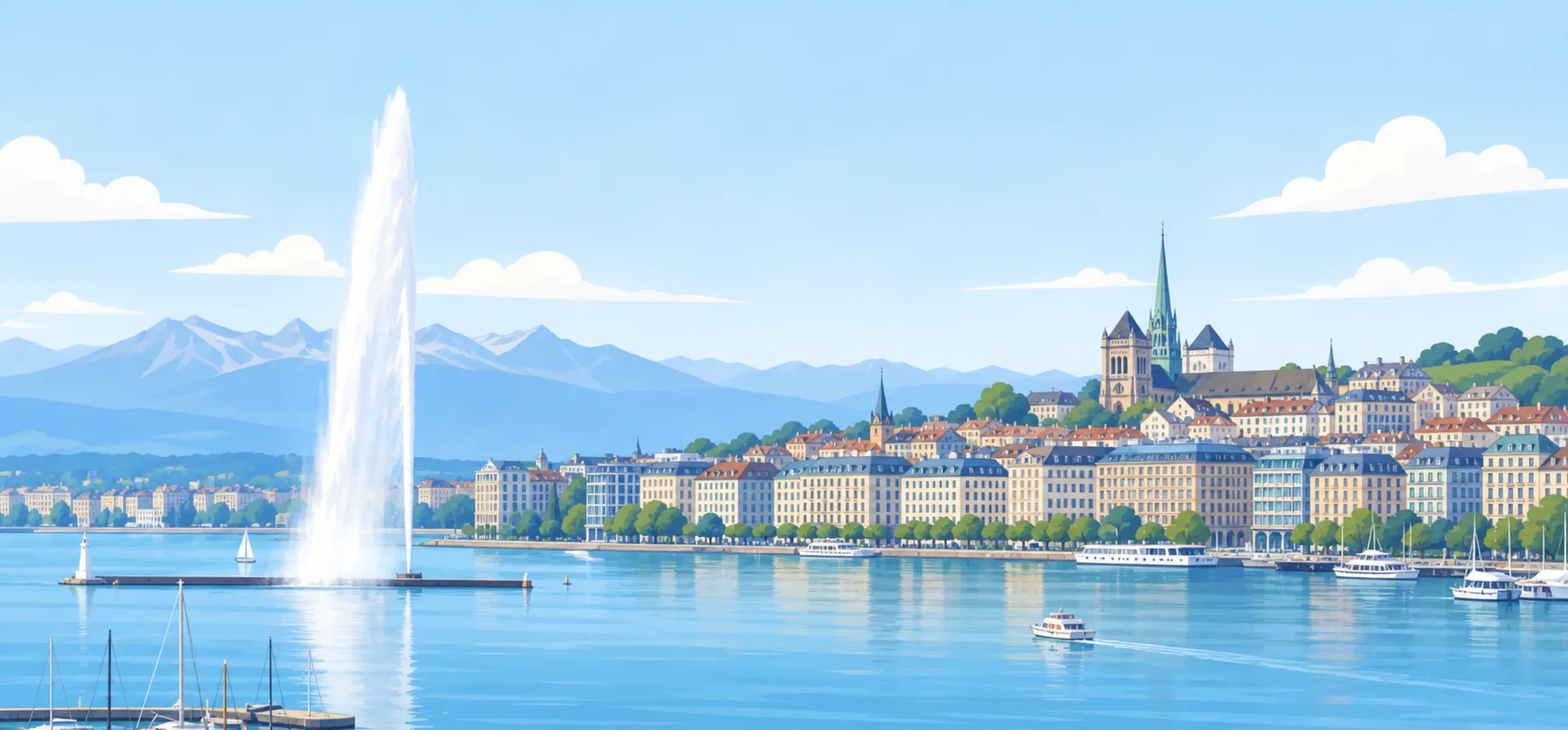 Illustrated view of Geneva, Lake Geneva and the Jet d'Eau