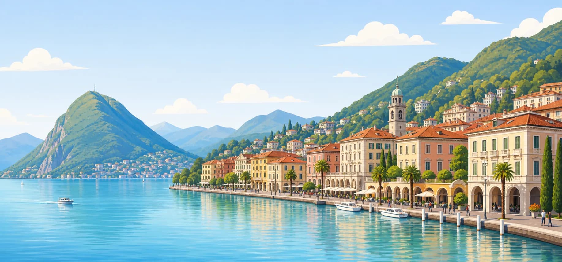 Illustrated view of Lugano, its lake and mountain setting