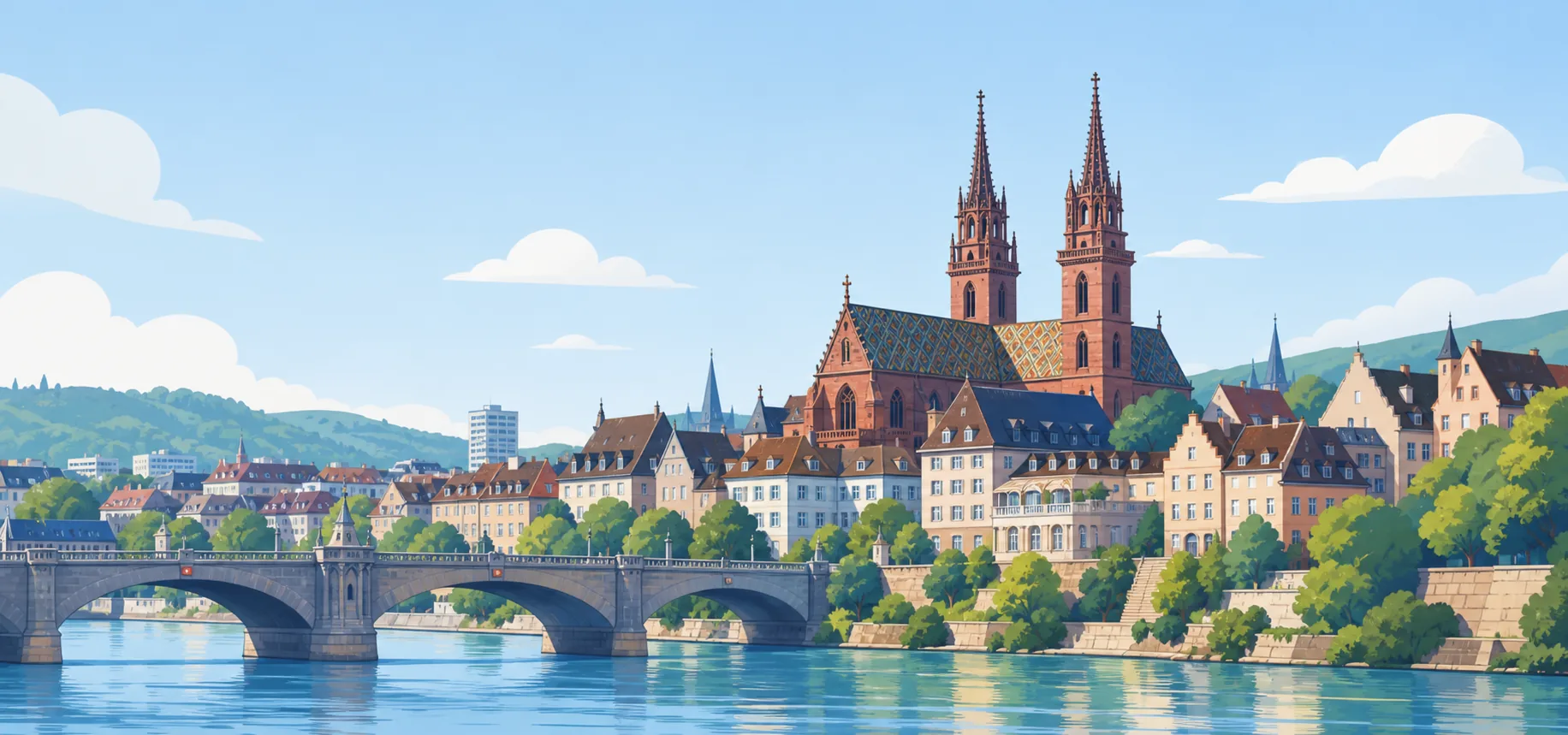 Illustrated view of Basel Minster and the Rhine